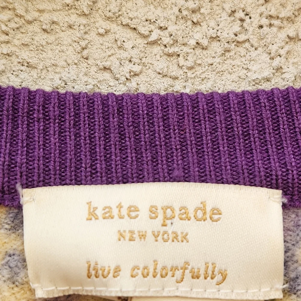 KATE SPADE Women's Cardigan Large Purple Yellow Paisley Wool Silk Blend Sweater - Picture 3 of 10